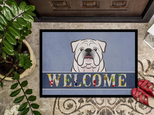 Vista 3 de Caroline's Treasures BB1406MAT - Tapete de bienvenida de bulldog inglés blanco de 18 x 27 pulgadas, tapete azul para puerta delantera, para Bulldog