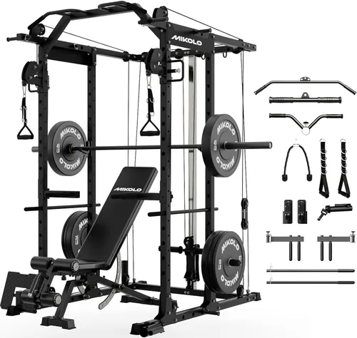 Vista 12 de Mikolo Jaula de Potencia, Rack de Potencia con Sistema de Cruce de Cables, 1500LBS Rack para Sentadillas con Sistema de Jalón LAT, Jaula de Negro