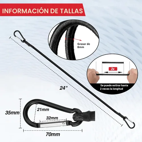 Vista 3 de WORKPRO Cuerdas elásticas de 24 pulgadas con ganchos, paquete de 4 correas elásticas de goma superior resistente, cuerda elástica fuerte para tienda