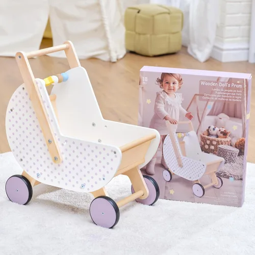 Vista 5 de Pillowhale Andador de madera y cochecito de muñeca – Carro de empuje con mango ajustable, antipunta, ruedas silenciosas, carrito de compras