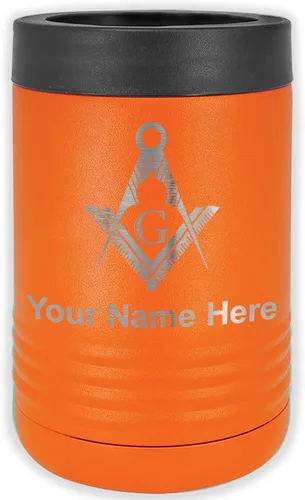 Vista 6 de LaserGram Aislador personalizado de latas y botellas de acero inoxidable, símbolo masón, mantiene las bebidas frías durante más tiempo (negro)