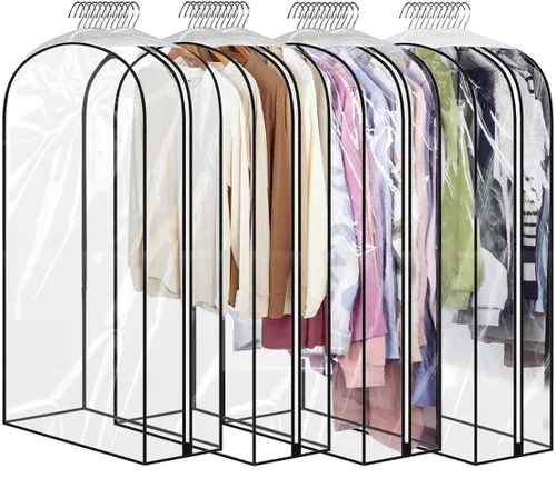 Vista 10 de Perchas transparentes de 40 pulgadas con cremallera lateral lisa, bolsas impermeables con refuerzo de 10 pulgadas para camisas, abrigos, vestidos