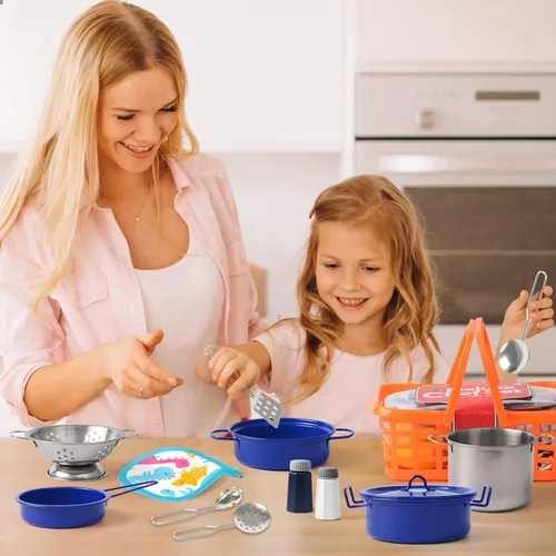 Vista 3 de Juego de accesorios de juguete de cocina para niños pequeños, juego de cocina para niñas y niños, incluye ollas y sartenes coloridas (azul)