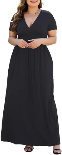 Vista 5 de Maxi vestido casual para mujer, diseño de manga corta con cuello en V y bolsillos, tallas L-5XL A01-negro