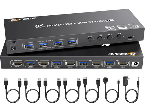 Vista 10 de Interruptor KVM 2 Monitores 1 Laptop y 1 Computadora de Escritorio 4K@60Hz, Camgeet Interruptor KVM USB C HDMI Monitor Dual con 4 Puertos USB3.0