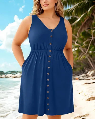 Vista 45 de Holipick Vestidos de verano para mujer, talla grande, casual, con bolsillos, acampanado, con botones, sin mangas, cuello en V