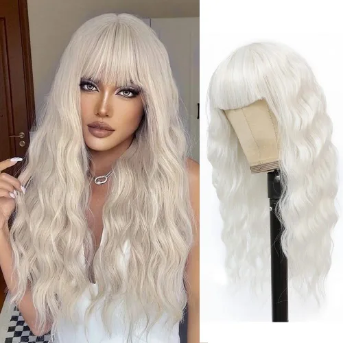 Vista 6 de SOKU Peluca blanca con flequillo de aire, pelucas cortas estilo Bob para mujer, 20 pulgadas de largo, cabello blanco ondulado, peluca de disfraz