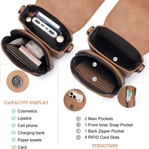 Vista 5 de POIUGOYA Bolsos cruzados pequeños para mujer, a la moda, de cuero, con triple compartimento, para teléfono celular, con correa ajustable