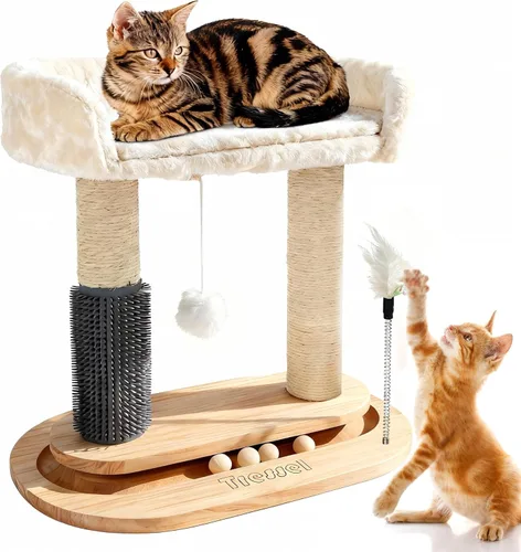 Vista 7 de Torre de árbol pequeño para gatos, poste rascador para gatos de 16.5 pulgadas de alto con cama, árbol para gatos 6 en 1 con cepillo de aseo