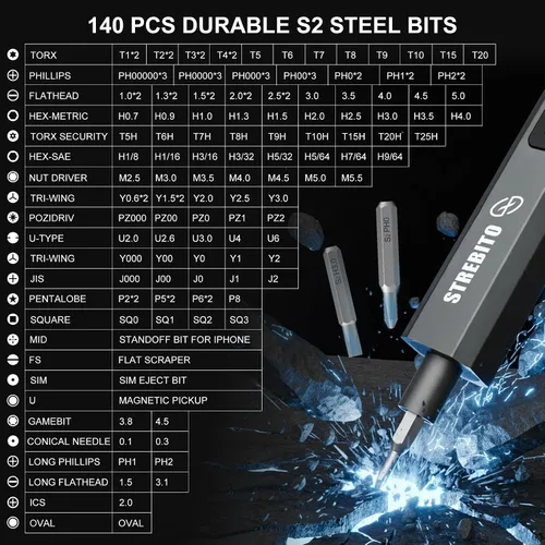 Vista 3 de STREBITO Juego de destornilladores eléctricos 155 en 1, destornillador eléctrico pequeño inalámbrico con 140 puntas magnéticas S2, kit