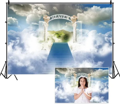 Vista 9 de Telón de fondo del cielo de 5x3 pies Puerta del cielo Puerta del paraíso Fondo fotográfico para niños, alfombra de baby shower, pancarta