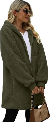 Vista 6 de ReachMe - Chaqueta tipo sudadera con capucha para mujer, de vellón, con cierre y bolsillos, larga, de gran tamaño, mullida y cálida