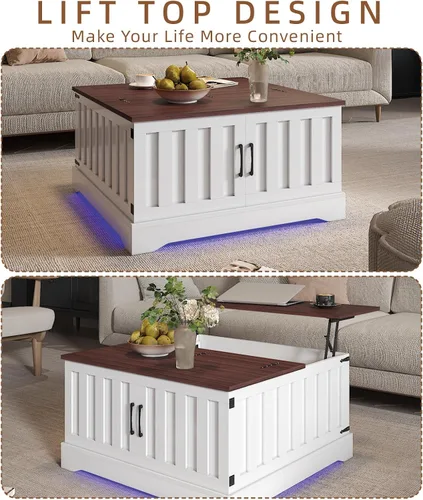 Vista 9 de HedoAjim Mesa auxiliar elevable de 31.5 pulgadas con almacenamiento, mesa de centro cuadrada blanca LED con gran almacenamiento oculto, mesa central