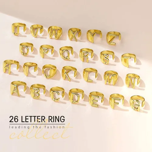 Vista 5 de Bold Initial Letter Rings Adjustable, GoldChic Jewelry Women Gold Statement Ring Personalised Engraved Womens Open Signet Ring for Party