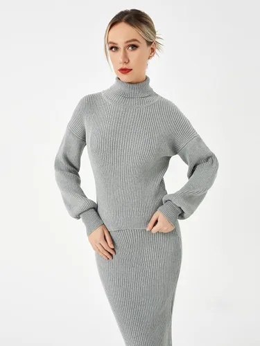 Vista 6 de Scacto Conjunto de dos piezas para mujer, suéter de cuello alto, sin botones, falda larga