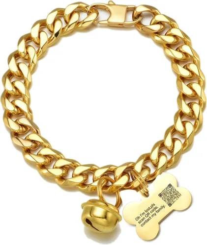 Vista 7 de Gargantilla ancha de acero inoxidable para gatos y perros, de oro de 18 quilates, ajustable, a prueba de mordidas, eslabones cubanos de 1/2 pulgada