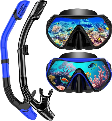 Vista 10 de Equipo de esnórquel para adultos, conjunto de esnórquel máscara de buceo con tubo seco superior, gafas de natación para adultos con cubierta nasal