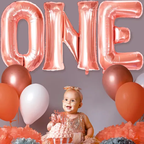 Vista 3 de KatchOn, Globo de oro rosa para el primer cumpleaños, 32 pulgadas, globo de oro rosa, globos número 1 para decoración de primer cumpleaños