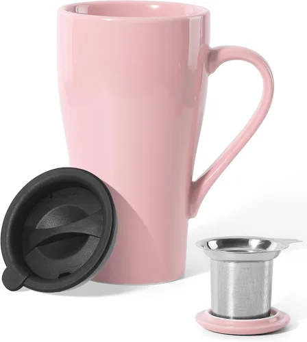 Vista 11 de Taza de té con infusor y 2 tapas, taza infusor de té grande de 18 onzas, taza coladora de té para hojas sueltas, taza de viaje con soporte para Azul