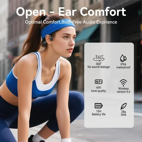 Vista 2 de Auriculares de Conducción Ósea, Auriculares Abiertos Bluetooth 5.4 con Micrófono, 15H de Reproducción, Auriculares Inalámbricos Resistentes al Sudor