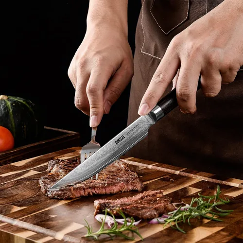 Vista 5 de Juego de 6 cuchillos para carne, acero Damasco japonés sin dentar VG10 Acero japonés VG10 Damasco, borde recto no dentado, paquete de 6, 61HRC
