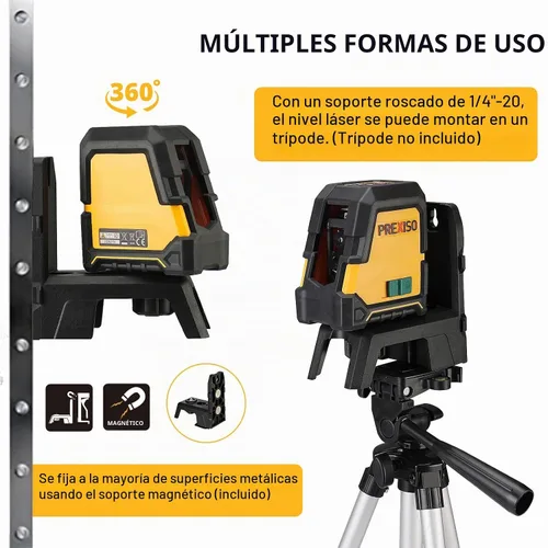 Vista 8 de PREXISO Nivel láser con trípode: láser de línea de módulos duales recargables de 100 pies, herramienta niveladora cruzada de gran angular