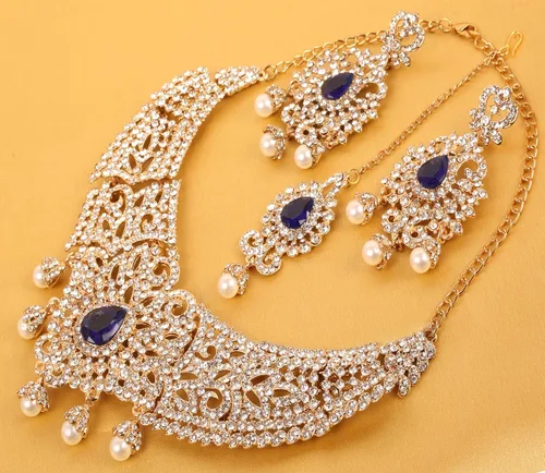 Vista 7 de Touchstone Joyería india bollywood para mujer, conjuntos de collar de declaración de boda, adornos nupciales reales grandes, grandes, declaración