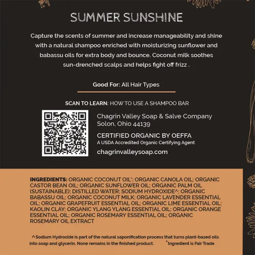 Vista 4 de Organic Summer Sunshine con leche de coco y romero en barra de champú para todo tipo de cabello, 5.6 onzas, sin sulfatos, hidratante, voluminizante