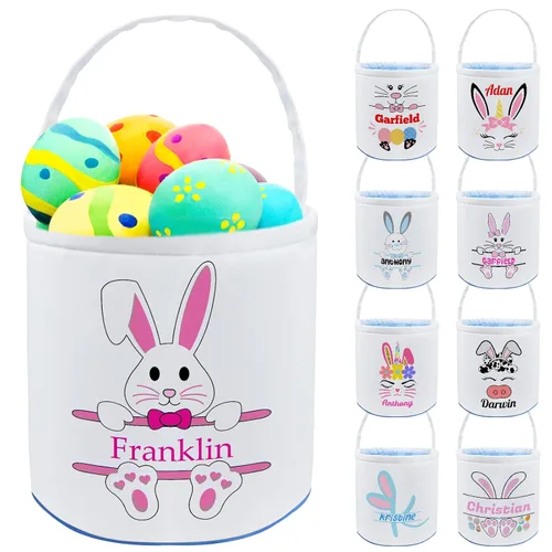 Vista 21 de Cesta de Pascua personalizada con nombre, bolsas de lona personalizadas para niños, cestas de Pascua para bebés, niños y niñas, color azul