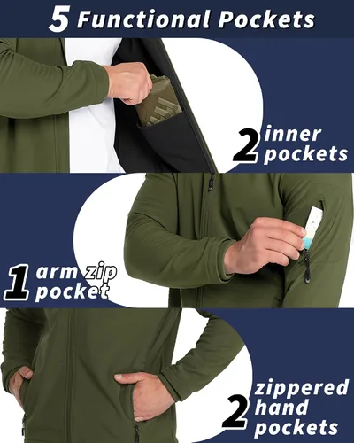 Vista 2 de 33,000ft Chaqueta de softshell con capucha para hombre, impermeable, ligera, aislada, cortavientos, forro de forro polar, chaqueta de lluvia Verde
