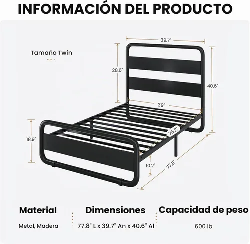 Vista 2 de SHA CERLIN Marco de cama de metal tamaño individual con cabecera de madera