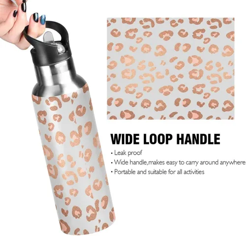 Vista 4 de Rose Gold Leopard Spots Stainless Steel Vacuum Insulated Water Bottle 20 Oz, BPA-Free Sports Water Bottle with Straw Leakproof Water Bottles