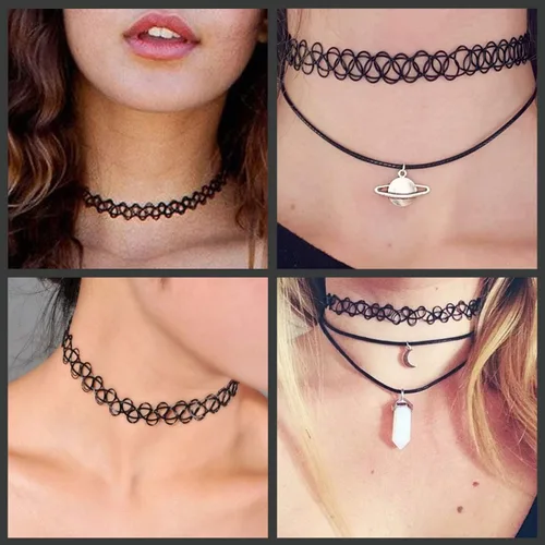 Vista 23 de BodyJ4You Juego de 12 gargantillas elásticas estilo tatuaje, accesorios y joyería de los años 90 y 2000, rosado, azul, verde, colorido, arcoíris