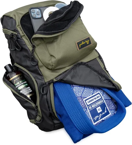 Vista 9 de Mochila dorada BJJ para Jiu Jitsu – Bolsa de deporte muy resistente con bolsillo impermeable de tejido de GI