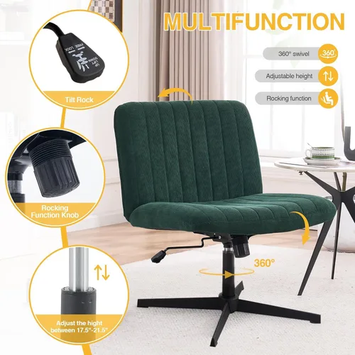 Vista 3 de Silla de escritorio sin reposabrazos, sin ruedas, silla de oficina tapizada de terciopelo ancho, patas cruzadas, asiento grande, altura ajustable