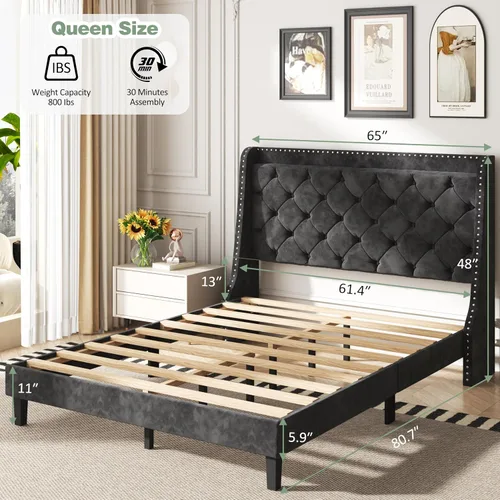 Vista 2 de SUNLEI Base de cama Queen con cabecera de almacenamiento, base de cama tapizada de terciopelo con cabecera copetuda con respaldo de alas, soporte