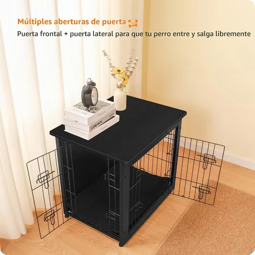 Vista 2 de DWANTON - Perrera con cojín, de madera, con puertas dobles, para interiores, S, M, L, 27.2 pulgadas de largo, negro Small Wooden Kennel Table
