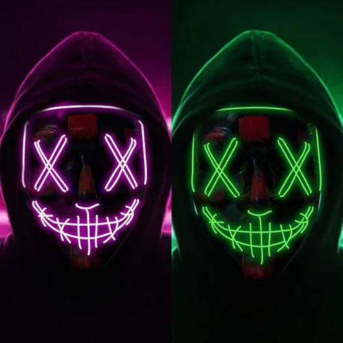 Vista 5 de Paquete de 2 máscaras de Purga de Halloween, máscara de luz LED, máscara de miedo para hombres, niños, cosplay, Halloween, fiestas de máscaras