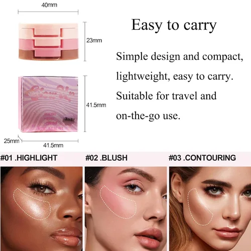 Vista 6 de Trío mezclable 3 en 1, paleta de maquillaje de contorno y rubor, bronceador crema, rubor en polvo suave y sedoso, polvo de maquillaje iluminador 01