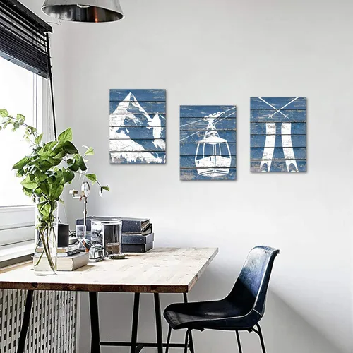 Vista 3 de Saypeacher 3 piezas de lienzo de esquí de nieve de estilo antiguo, arte de pared, montaña de nieve y snowboard sobre fondo de madera azul, pintura