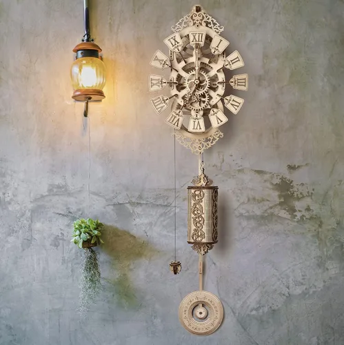 Vista 3 de Reloj de pared con péndulo de madera para construir, reloj de pared de madera de bricolaje grande - Sin baterías - Puzzle de madera 3D - Reloj