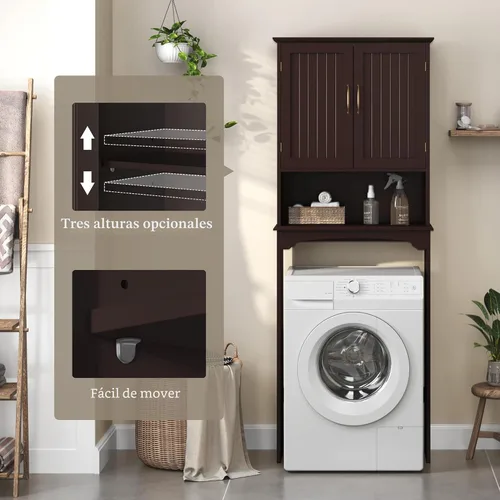 Vista 7 de Yaheetech Almacenamiento sobre el inodoro con 2 puertas y estante ajustable, estante de inodoro independiente de madera que ahorra espacio, gabinete