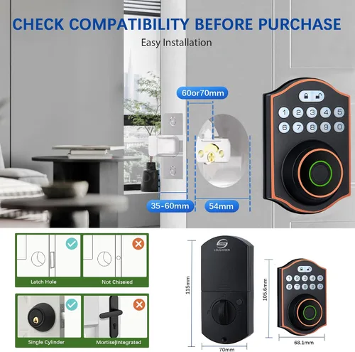 Vista 8 de Cerradura inteligente de puerta de huellas dactilares, cerrojo de entrada sin llave con teclado electrónico, control de aplicación Bluetooth