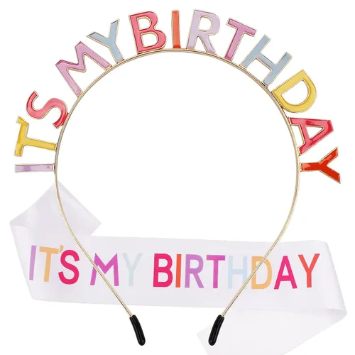 Vista 8 de Coronas y bandas de cumpleaños para mujer: diadema festiva y juego de accesorios de cumpleaños It's My Birthday