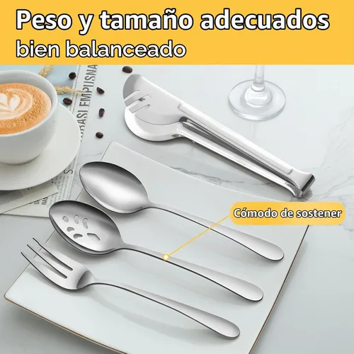 Vista 5 de Pleafind Juego de 16 utensilios de servir de acero inoxidable con cucharas de servir, cucharas de servir ranuradas, tenedores para servir y pinzas