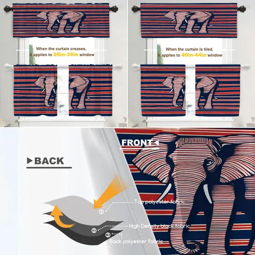 Vista 3 de Shrahala Cortinas republicanas de elefante americano para ventanas de cocina, paneles de cortina de ventana de poliéster multicapa con rayas rojas