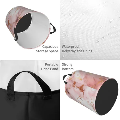 Vista 4 de Cesta de lavandería grande con estampado de mármol de oro rosa, cesta de lavandería impermeable, bolsa de lavandería con asas, papelera de lavado