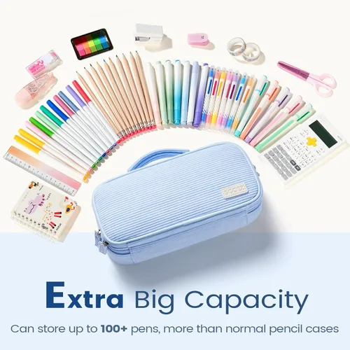 Vista 3 de Sooez Estuche grande para lápices, estuche de pana suave con asa, bonito estuche para bolígrafos, 5 compartimentos, organizador de amplia apertura
