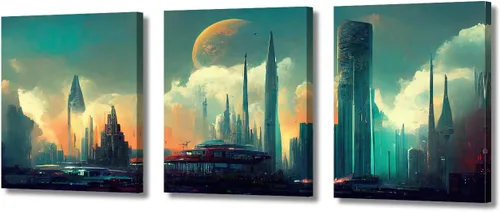 Vista 57 de Cuadros de 3 paneles de Cyberpunk City - Arte de pared de vallas publicitarias de edificios modernos en la capital con obras de arte modernas