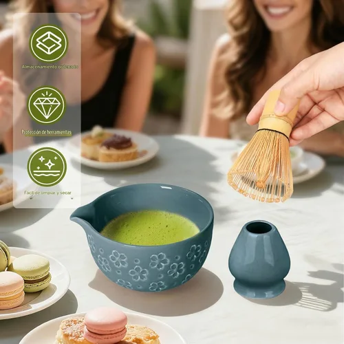 Vista 6 de Kit de juego de batidor de Matcha: Juego de Matcha japonés - Tazón de cerámica, batidor de bambú, Chasen, soporte para cuchara, cuchara medidora